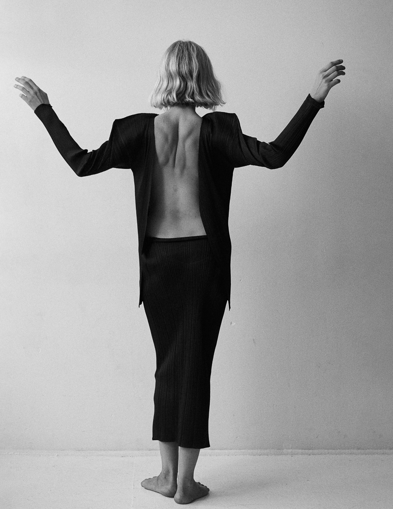 Lou Schoof by New York fashion photographer Emily Soto shot on black and white film in studio