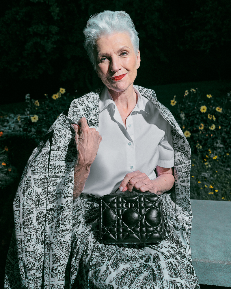 Portrait of Maye Musk shot by fashion and celebrity photographer Emily Soto for Dior in the Brooklyn Botanic Garden in NYC