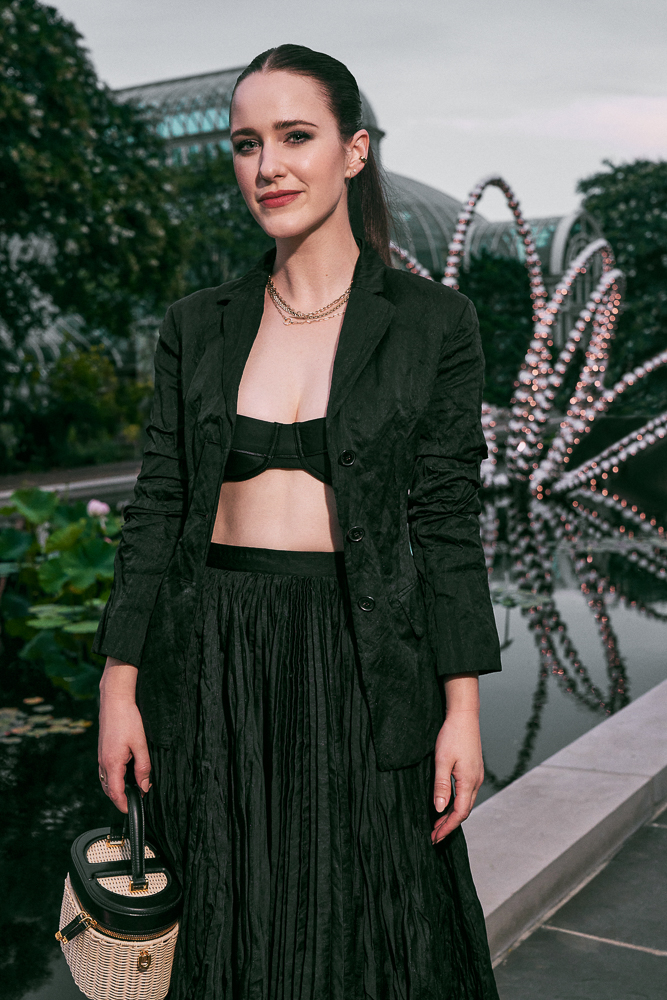 Portrait of Rachel Brosnahan shot by fashion and celebrity photographer Emily Soto for Dior in the Brooklyn Botanic Garden in NYC