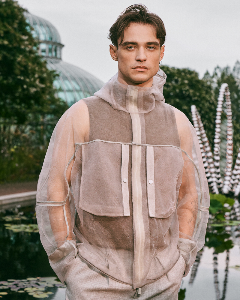 Portrait of actor Thomas Doherty shot by fashion and celebrity photographer Emily Soto for Dior in the Brooklyn Botanic Garden in NYC